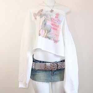 y2k unicorn graphic off shoulder cropped sweatshirt pink slogan